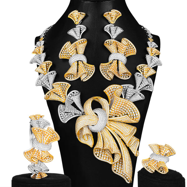 Luxury Super Big Bowknots Bride Cubic Zirconia Necklace Dubai 4PCS Jewelry Set