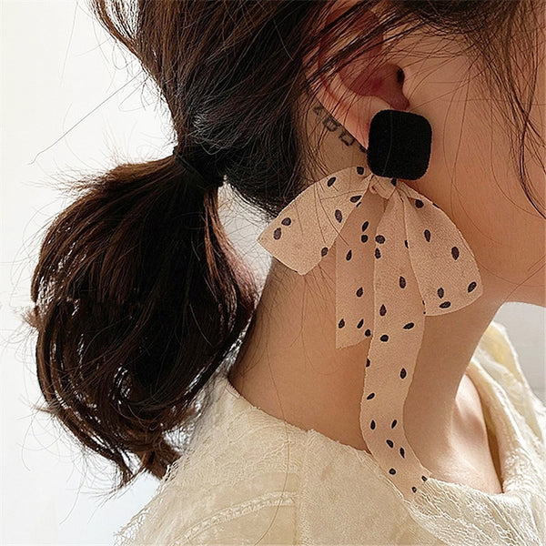 Korean Fashion Bowknot Cloth Dangle Clip on Earrings