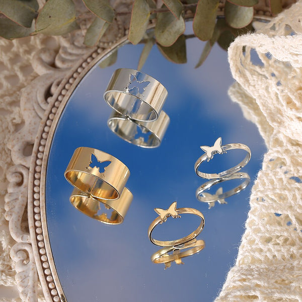 Gold Silver Color Lover Couple Butterfly Ring Set
