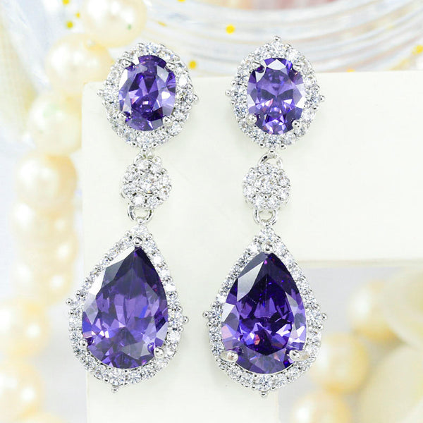 Cubic Zircon Crystal Round Long Big Dangle Tear Drop Flower Leaf Heart Purple Earrings