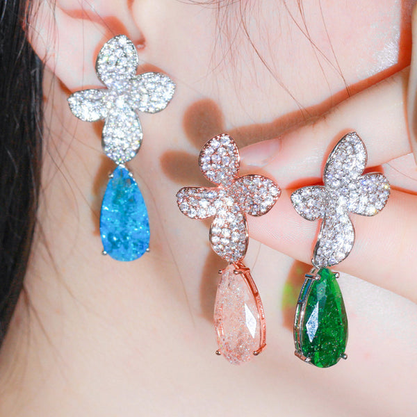 Vintage Broken Ice Green Emerald CZ Topaz Long Big Flower Drop Female Silver Dangle Earring