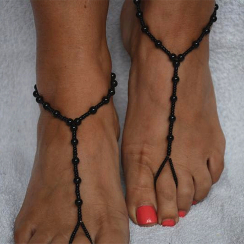 Bohemia Black White Imitation Pearl Elasticity Toe Ring Anklets