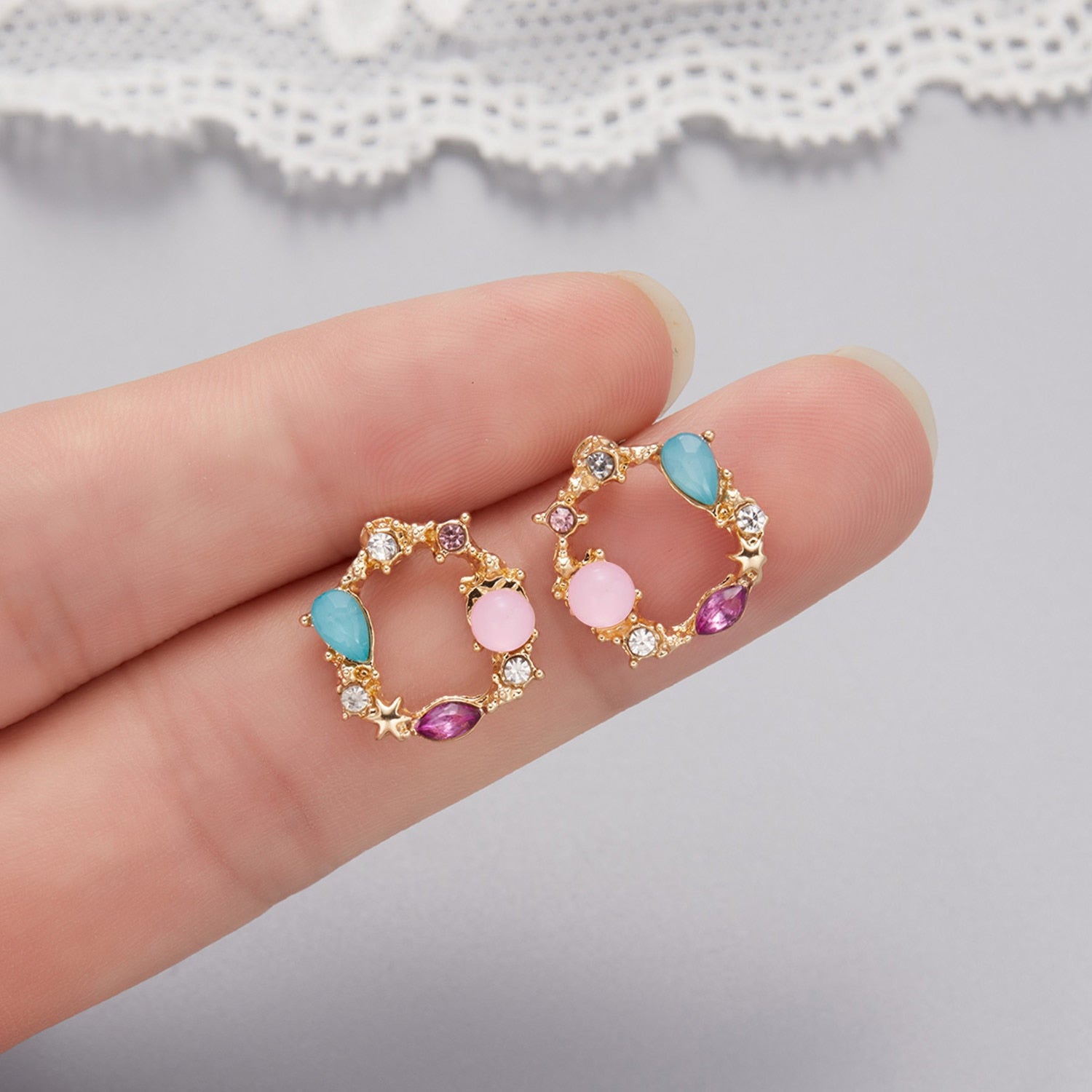 Classic Round Pink Green Crystal Stud Earrings
