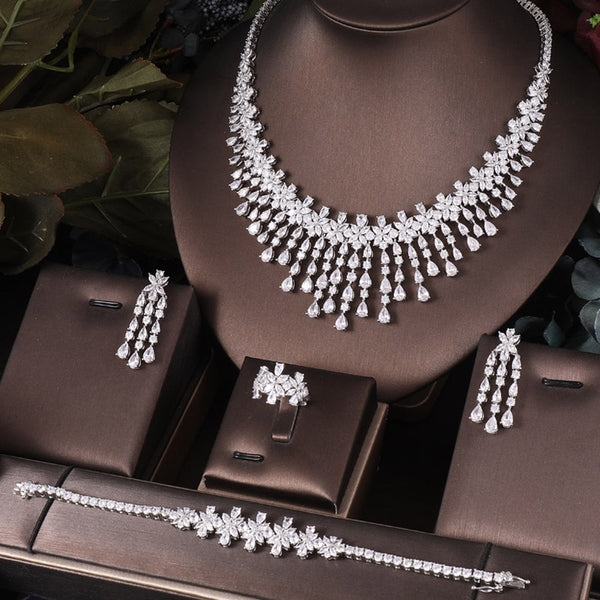 Conjunto completo de 4 piezas de joyería nupcial de circonita y cristal CZ