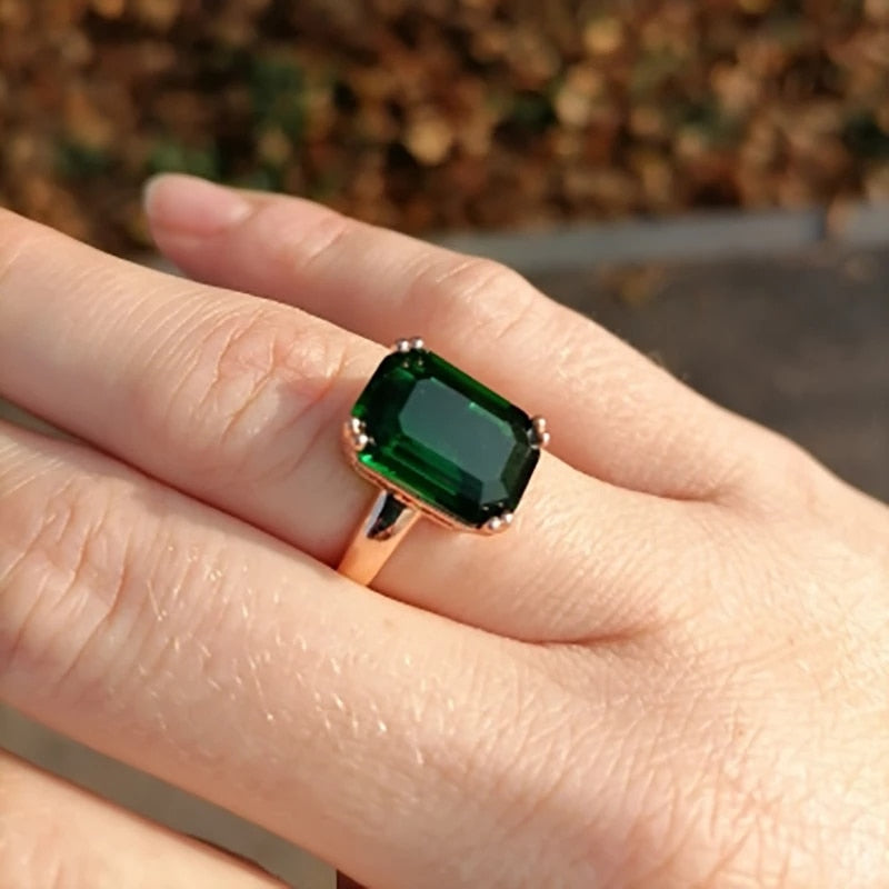 Fashion Green Big Square Crystal Wedding Ring Jewelry for Women