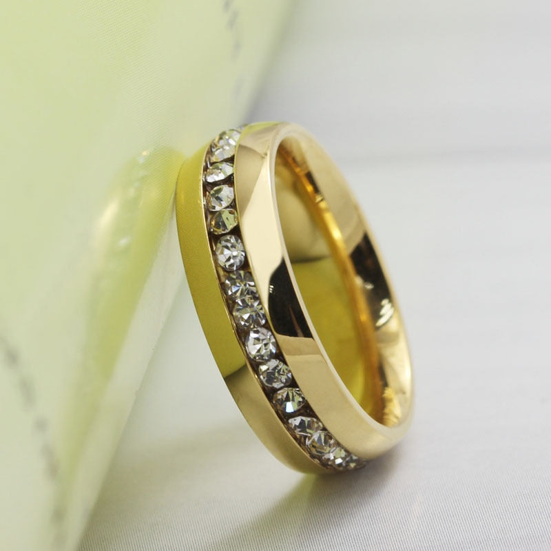 Gold Color Stainless Steel Wedding Band Promise Ring With CZ Crystal Ring