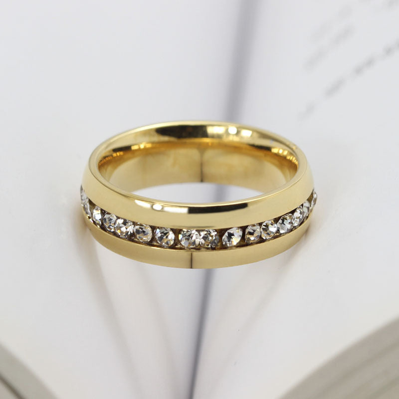 Gold Color Stainless Steel Wedding Band Promise Ring With CZ Crystal Ring