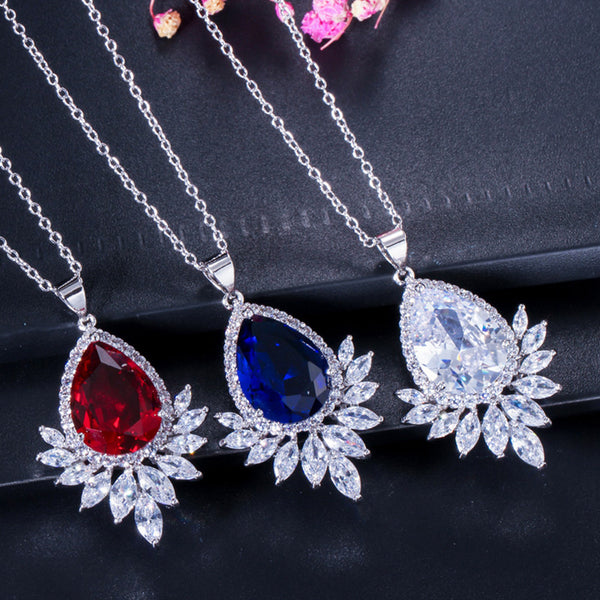 Blue Cubic Zircon White CZ Dangle Big Water Drop Necklace and Earings Jewelry Set
