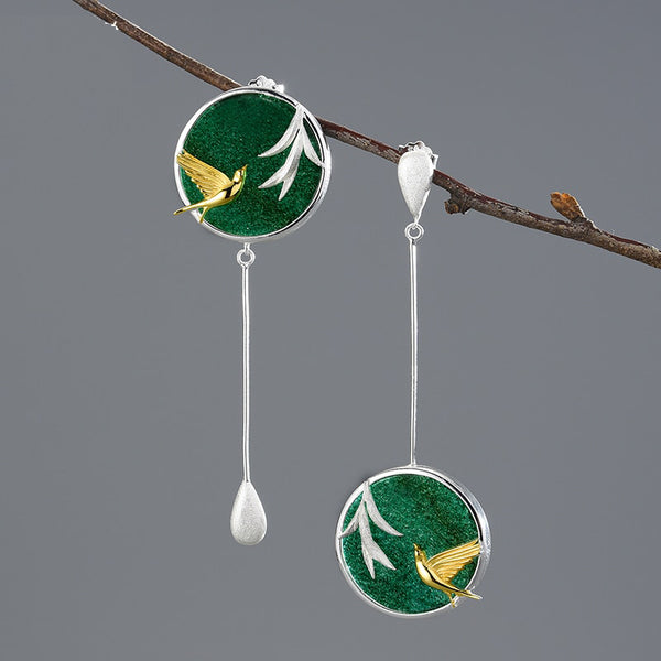 Pendientes de gota de piedra natural en plata de ley 925 auténtica: Golondrina y sauce en primavera.