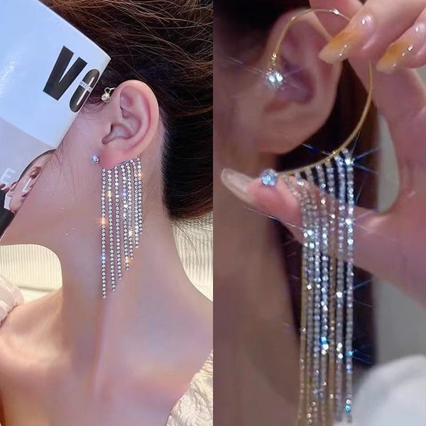 Pendientes largos con borlas y diamantes de imitación de circonita brillante de lujo