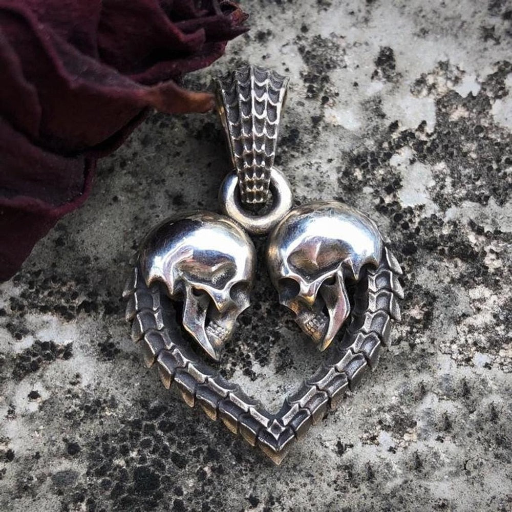 Unique Double Skull Heart Men Necklace Pendant