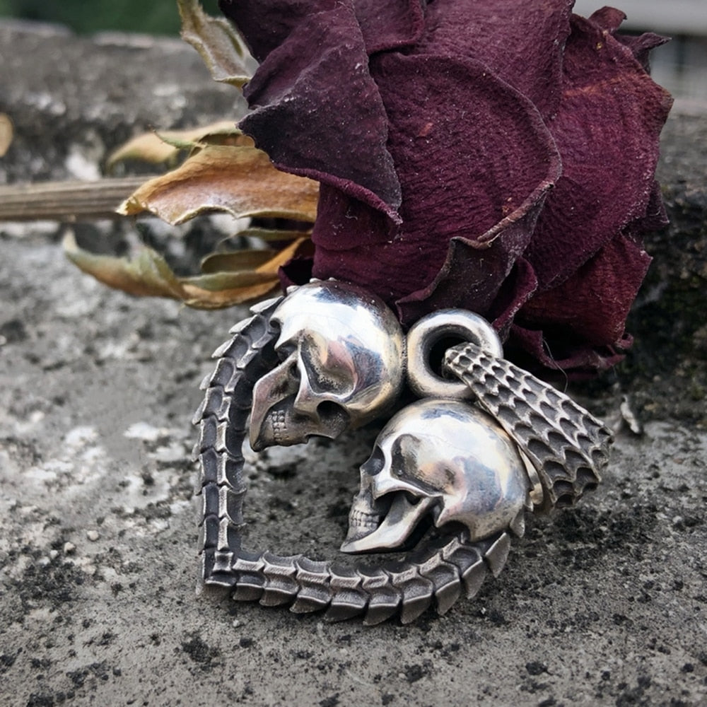 Unique Double Skull Heart Men Necklace Pendant
