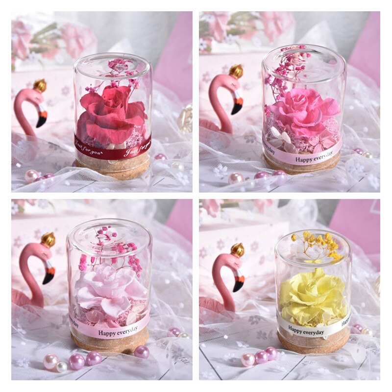 Artificial Flowers Eternal Flower Glass Cover Valentine Day Dried Flowers Wedding Decoration Gift