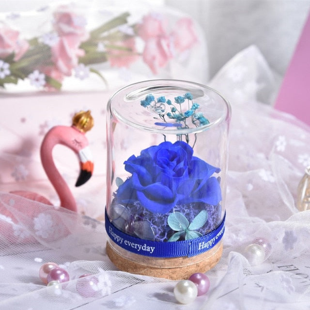 Artificial Flowers Eternal Flower Glass Cover Valentine Day Dried Flowers Wedding Decoration Gift