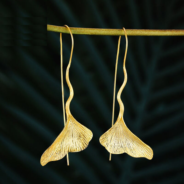 Pendientes vintage de hoja de ginkgo en oro de 18 quilates y plata de ley 925 para mujer