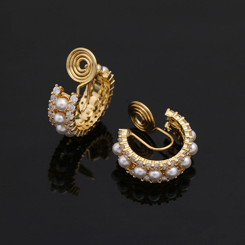 Exquisite Small Semicircle Vintage Simulated Pearl Zirconia Clip on Hoop Earrings