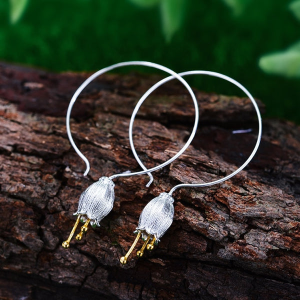 Pendientes colgantes de plata de ley 925 con diseño de flor de campana fresca para mujer