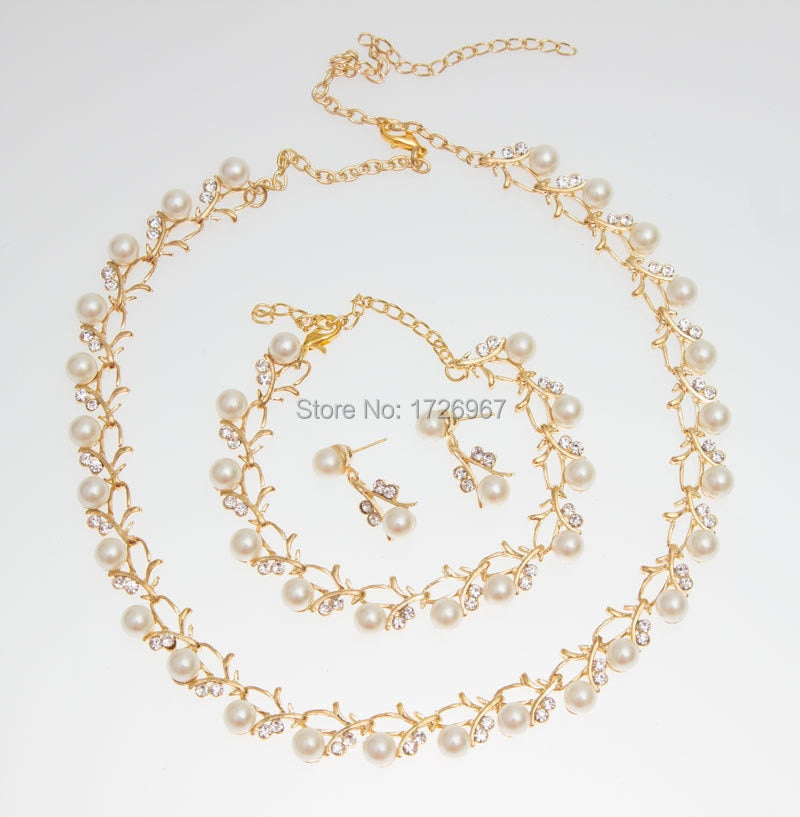 Classic Imitation Pearl Gold /Silver Plated Clear Crystal  Jewelry Sets