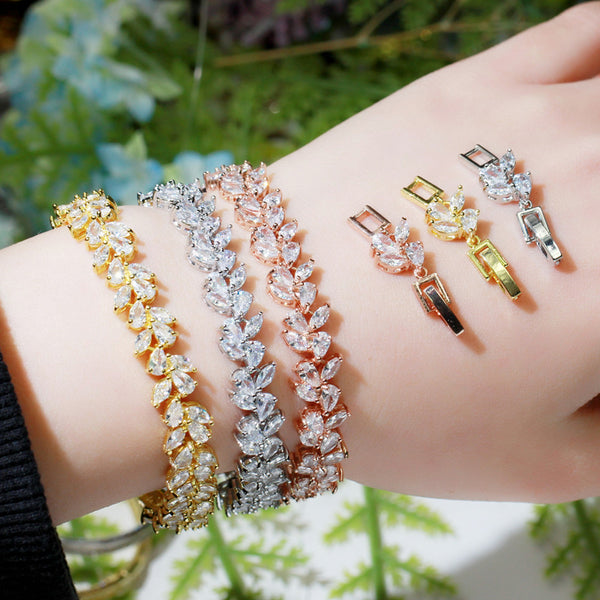 Pulseras de cadena de eslabones con forma de hoja elegante y cristales de circonita cúbica tallada
