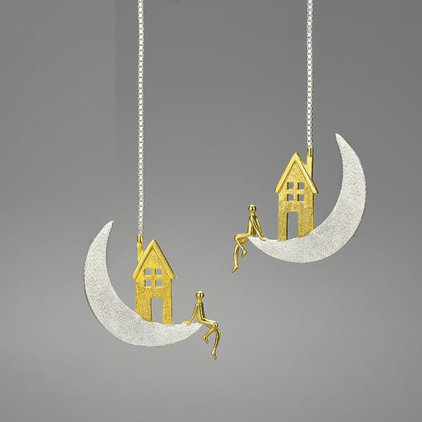 Pendientes largos inusuales con forma de luna en plata de ley 925 para mujer