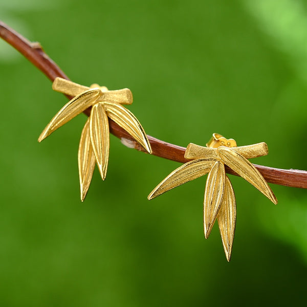 Unusual Fresh Bamboo Leaves Stud Earrings for Women