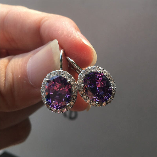 Pendientes ovalados pequeños de cristal para mujer, de lujo, con clip en color plata.