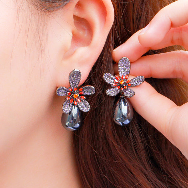 Big Purple Red Stamen CZ Zircon Brazil Dangle Black Gun Pearl Earring
