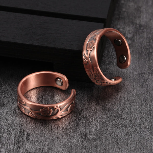 Flower Pure Copper Rings Women Magnetic 6mm Vintage Open Cuff Adjustable Ring