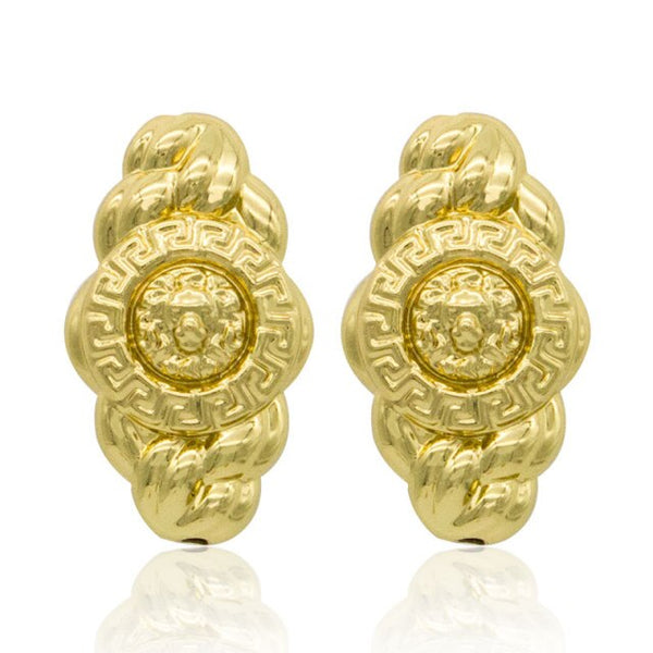 Pendientes colgantes para mujer con cabeza de león en relieve y orejas de clip doradas.