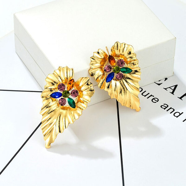 Pendientes colgantes para mujer con hojas grandes de diamantes de imitación chapados en oro de 24 quilates