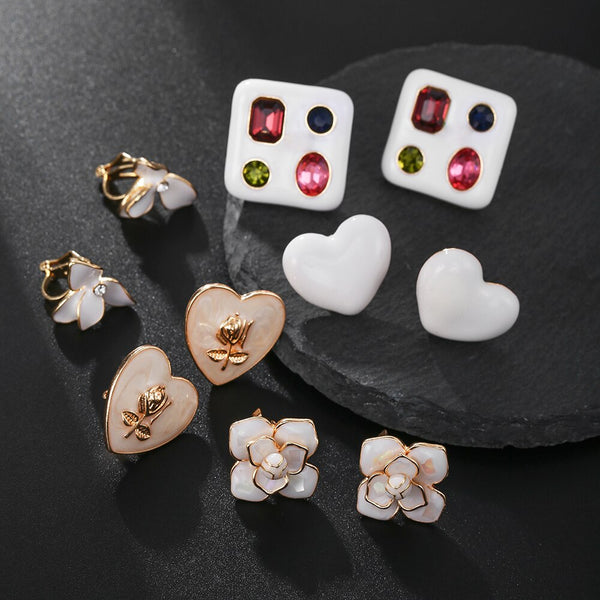Unusual Korean Statement Clip on Earrings White Flower Heart Non Pierced