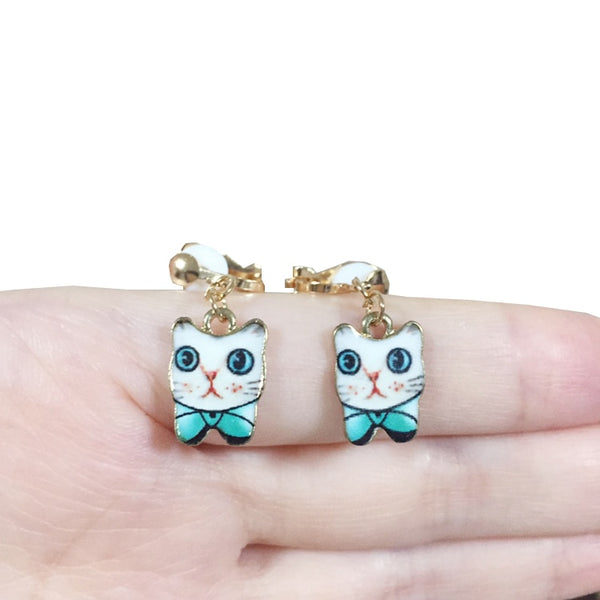 Pendientes de clip para niños con dibujos de animales, orejas de gato, sin perforaciones