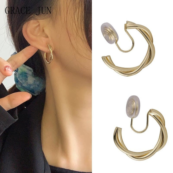 Korea Style Gold Color C Shape Clip on Earrings for Women