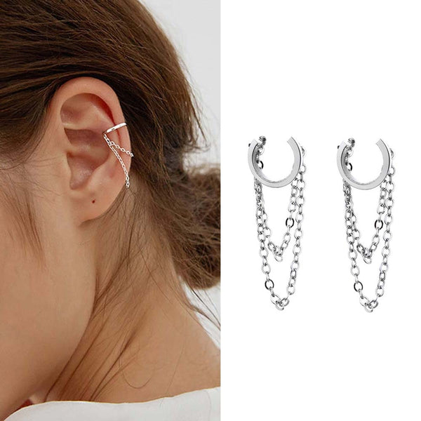 Pendientes de borla con cadena y clip en forma de puño de oreja, sin perforaciones y círculos redondos