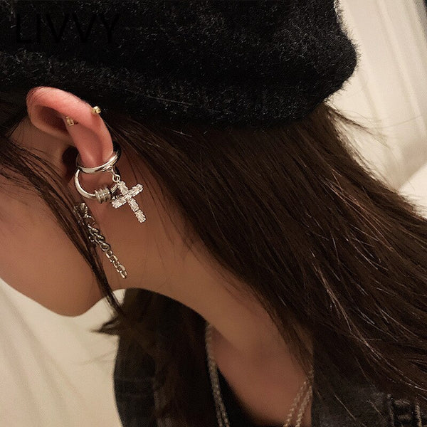 Fashion Silver Color Cross Asymmetrical  Ear Clip Earring