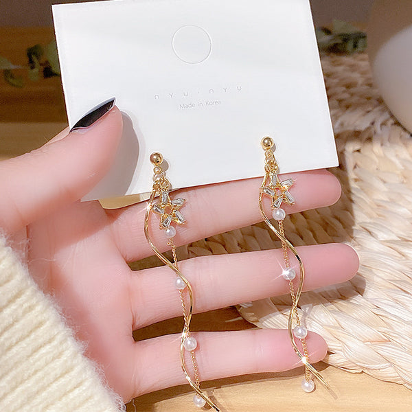 Gold Long Twist Spiral Clip Earrings Star Zirconia Curved Wave No Pierced Ear Clips