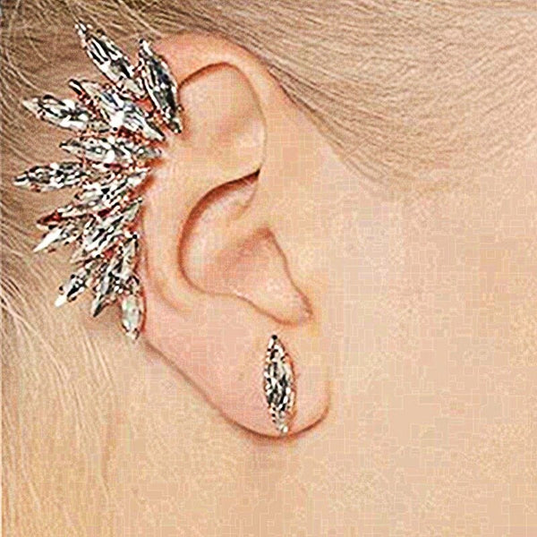 1 par de pendientes con clip y alas de plumas de cristal con personalidad de moda