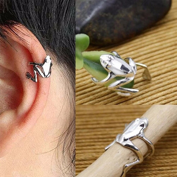 1 par de pendientes de clip de plata con diseño de rana a la moda