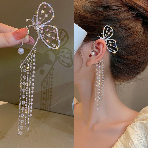 Pendientes de mariposa de cristal de moda para mujer con clip y cuentas de perla.