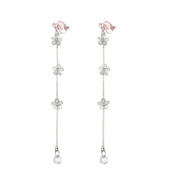 Korea Style long Tassel Cubic Zircon Flower Shape Clip on Earrings