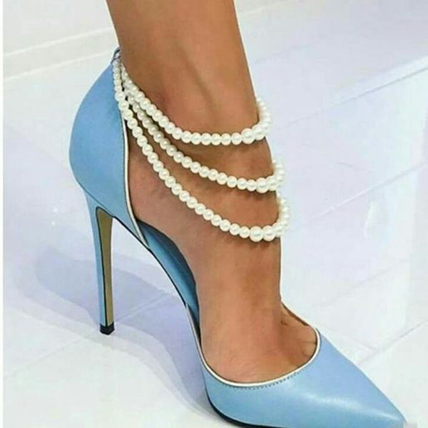 Tobillera con cadena de perlas y tacón alto para mujer, joyería para zapatos
