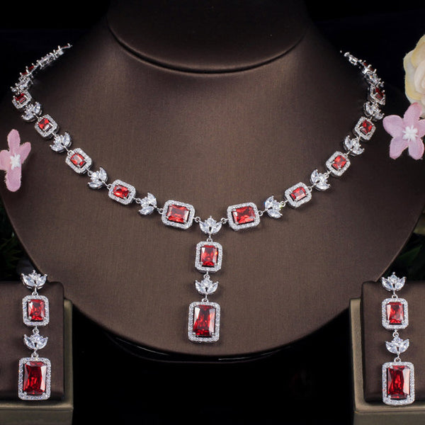 Conjuntos de joyería nupcial con aretes largos y cadena de collar con circonita blanca tallada