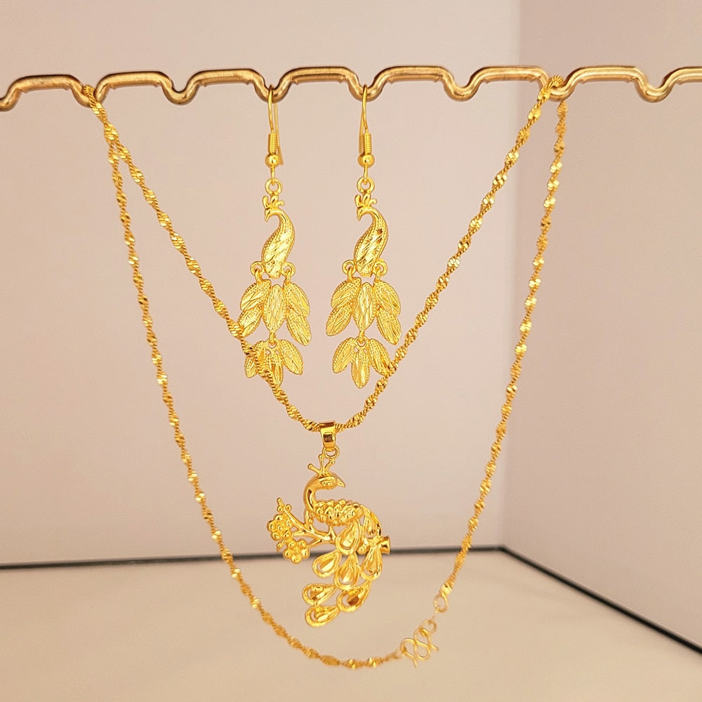Long Peacock Pendant Necklace Earrings 2pcs Wedding  Jewelry Sets