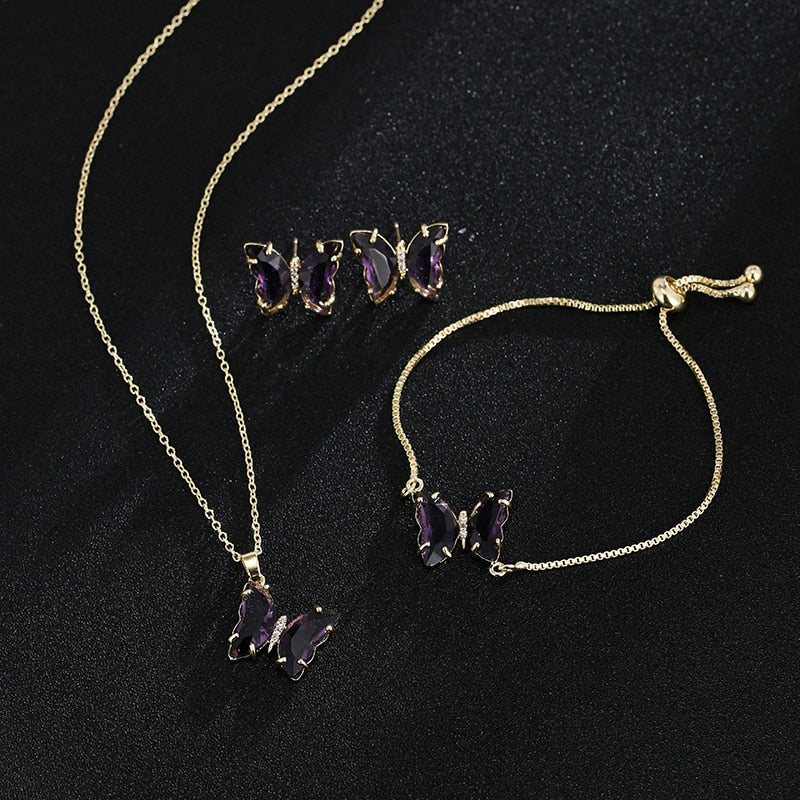 Butterfly Glass Romantic Bridal Jewelry Bracelet Pendant Set