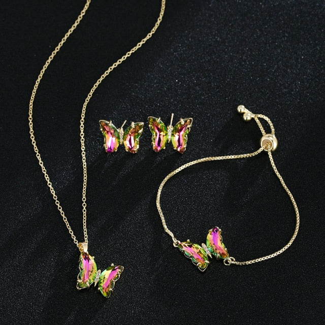 Butterfly Glass Romantic Bridal Jewelry Bracelet Pendant Set