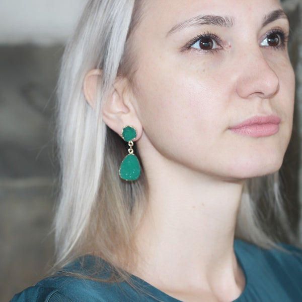 Nuevos pendientes de clip de resina drusa verde bohemio de ZA, sin perforar
