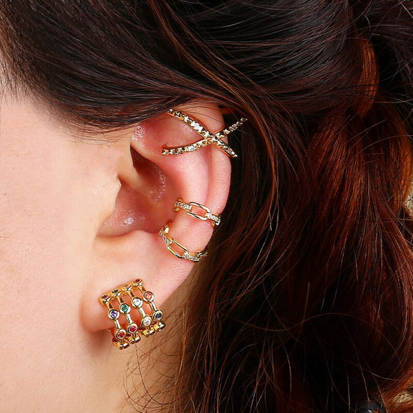 Pendientes de clip con circonita cúbica micropavé de colores, diseño premium en forma de C, sin perforar