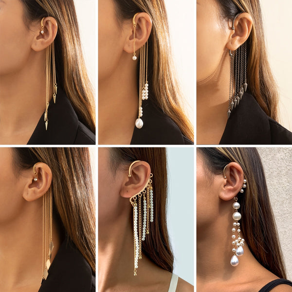 Imitation Pearl Sequins Long Tassel Earrings Kpop Arc Ear Hanging