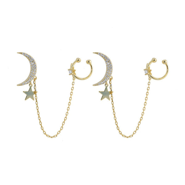 Pendientes sencillos de cadena larga con diamantes de imitación y luna y estrella para mujer