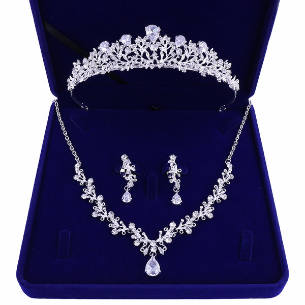 Wedding Cubic Zircon Crown Tiaras Earring Choker Necklace Set